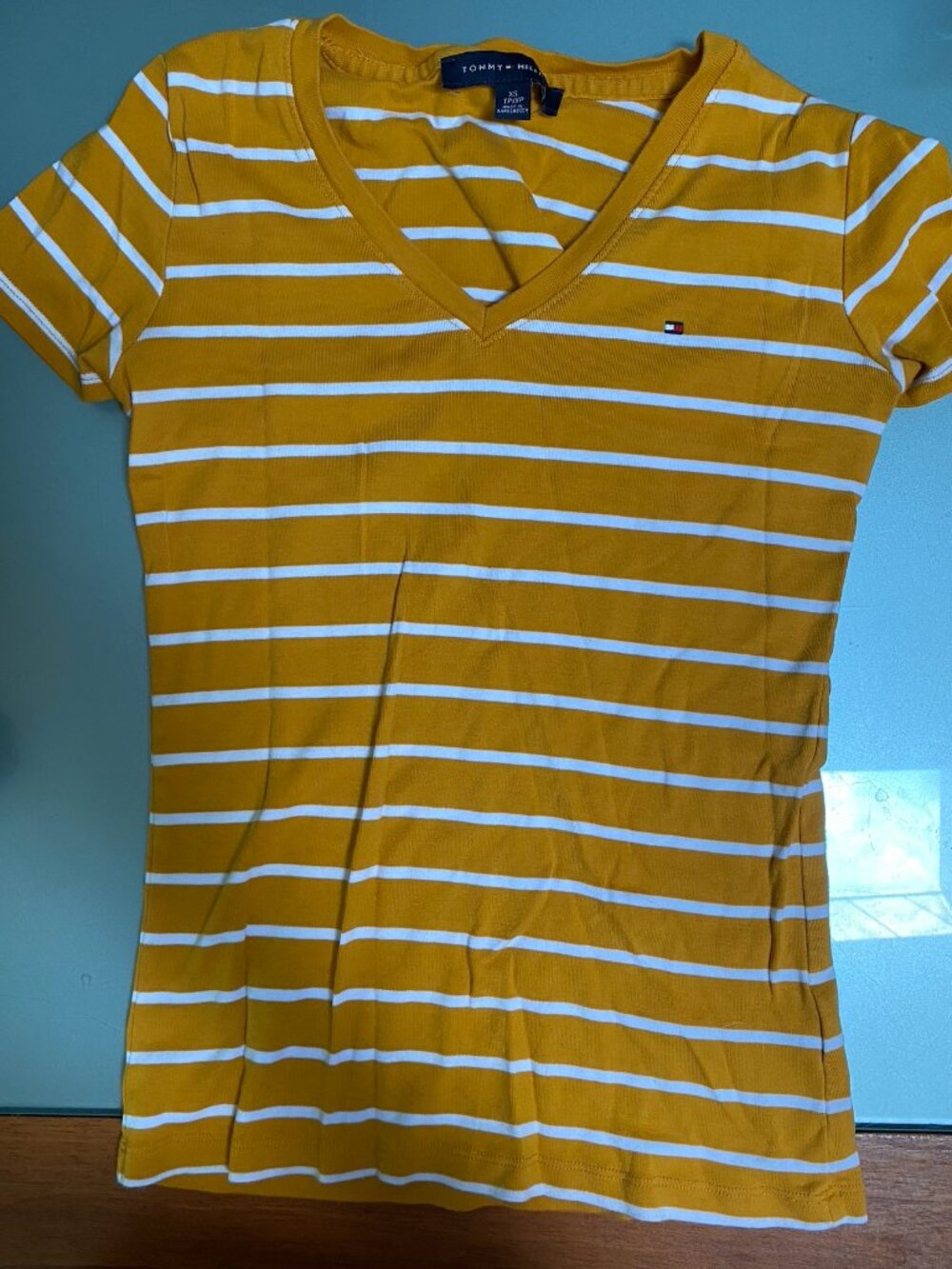 Tommy Hilfiger mustard yellow and white striped women's v-neck t-shirt